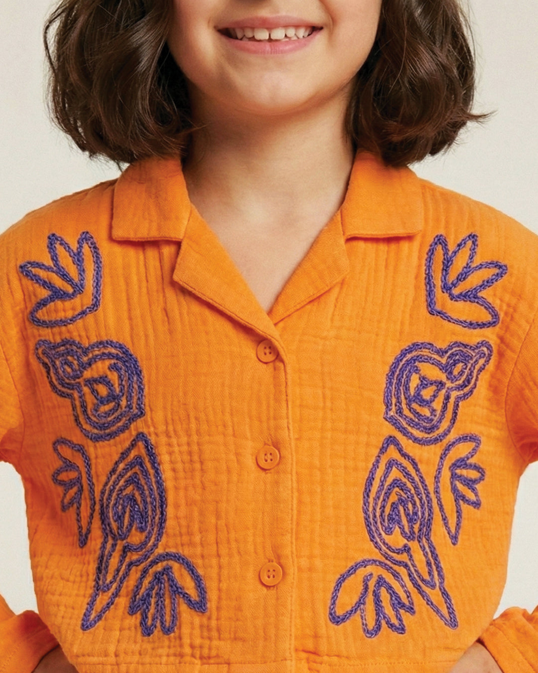 Orange Cotton Gauze Embroidered Set