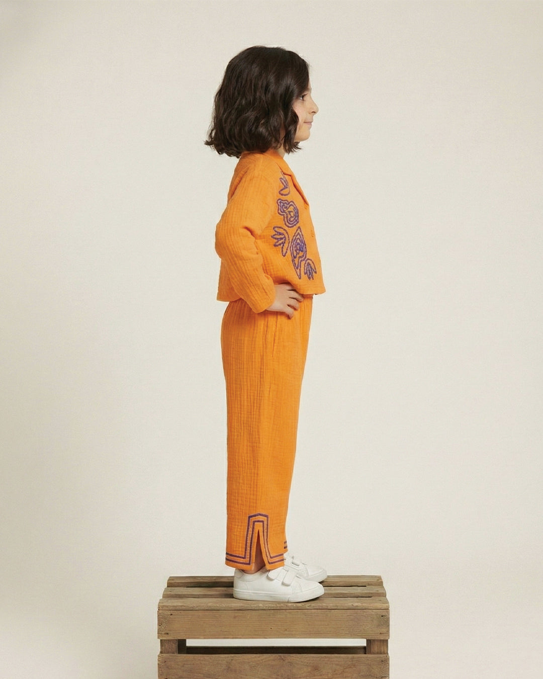 Orange Cotton Gauze Embroidered Set
