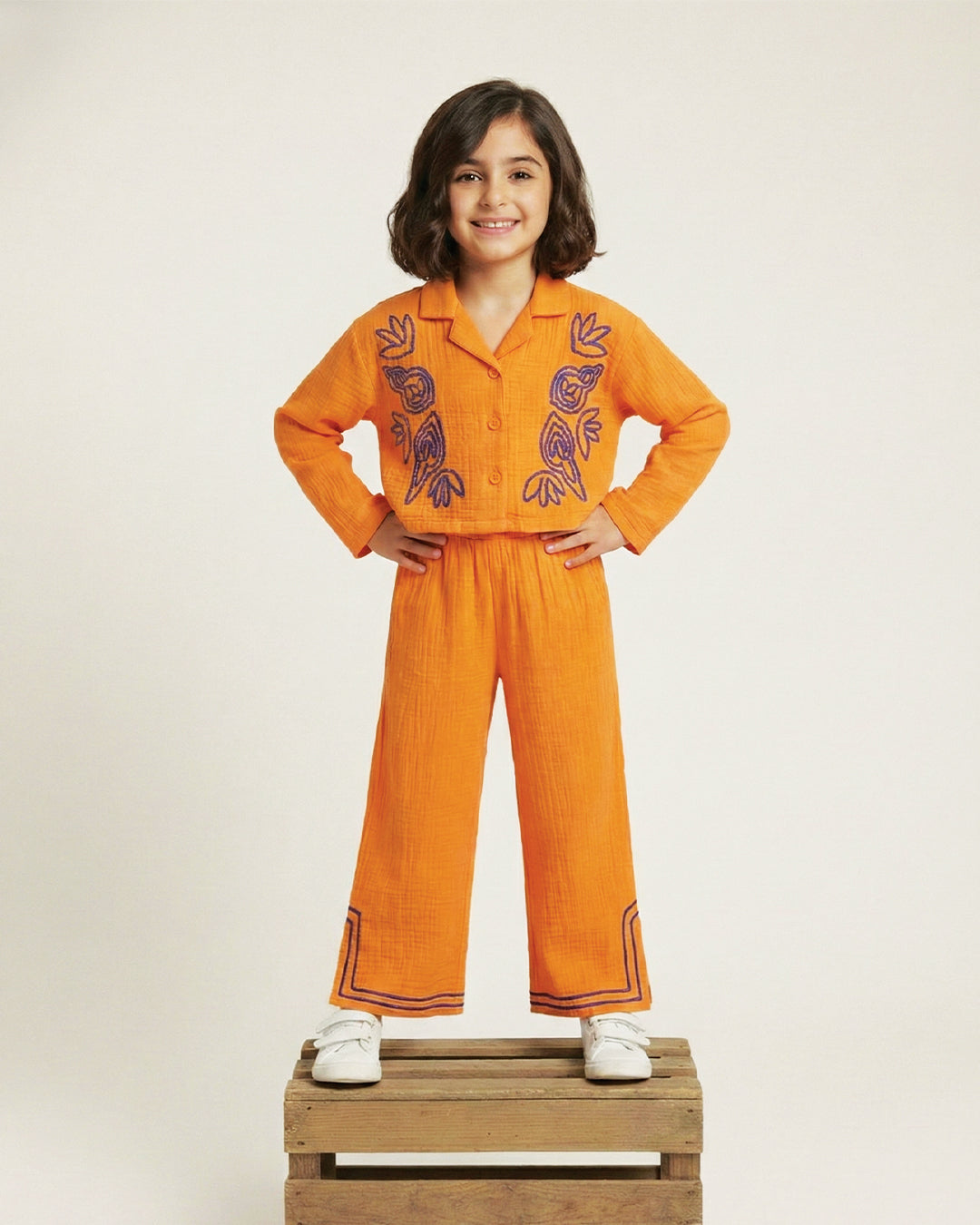 Spunkies Cotton Gauze Knit Embroidery Regular Casual Wear Set Girls Full Sleeve Black Soft Fabric