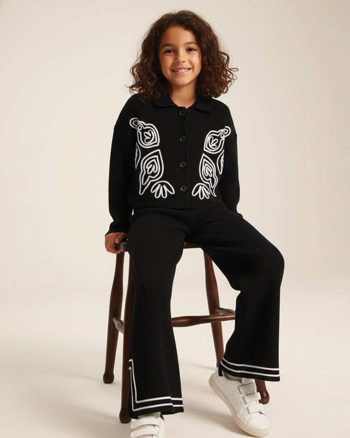 Spunkies Cotton Gauze Knit Embroidery Regular Casual Wear Set Girls Full Sleeve Black Soft Fabric