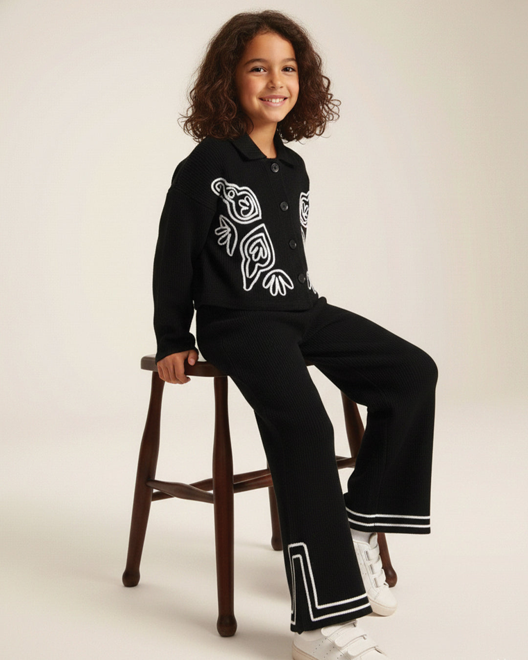 Spunkies Cotton Gauze Knit Embroidery Regular Casual Wear Set Girls Full Sleeve Black Soft Fabric