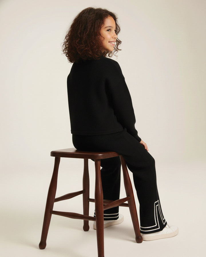 Spunkies Cotton Gauze Knit Embroidery Regular Casual Wear Set Girls Full Sleeve Black Soft Fabric