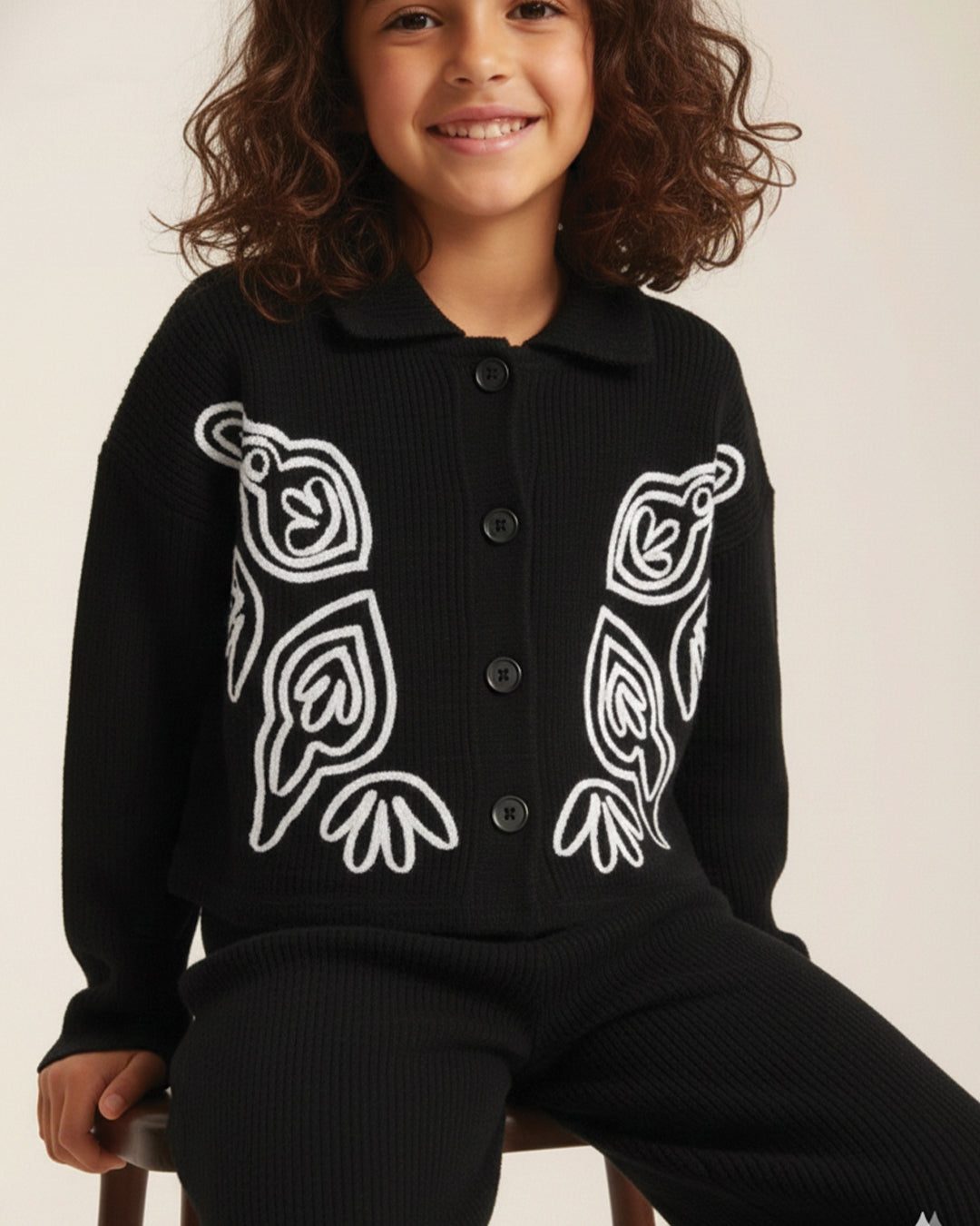 Spunkies Cotton Gauze Knit Embroidery Regular Casual Wear Set Girls Full Sleeve Black Soft Fabric
