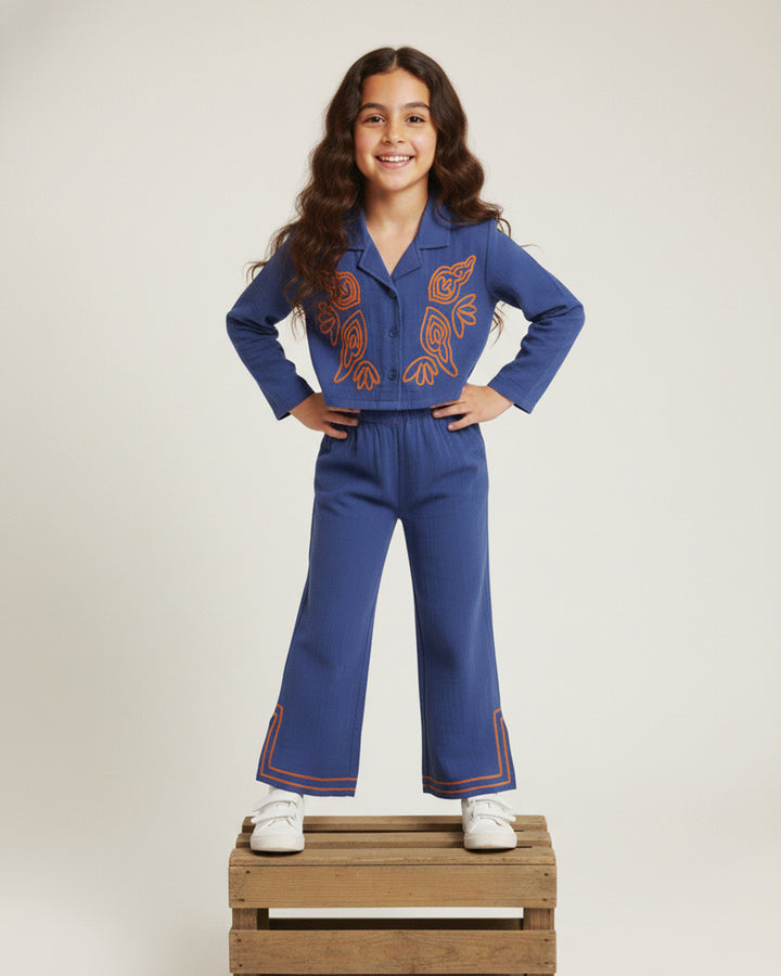 Spunkies Cotton Gauze Knit Embroidery Regular Casual Wear Set Girls Full Sleeve Blue Soft Fabric