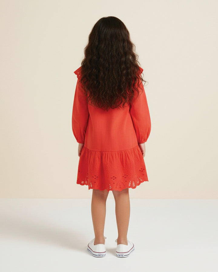 Red Eyelet Lace Ruffle Dress-Girls