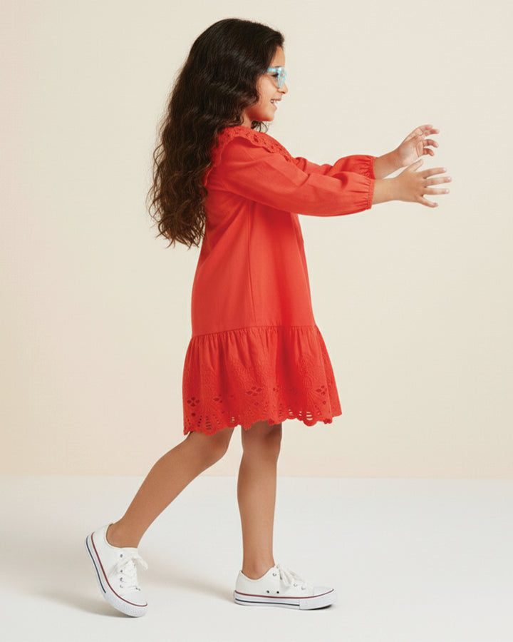 Red Eyelet Lace Ruffle Dress-Girls