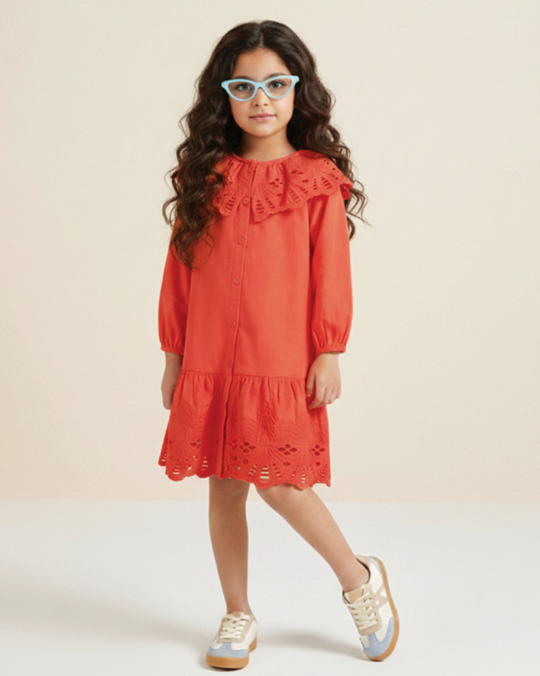 Red Eyelet Lace Ruffle Dress-Girls