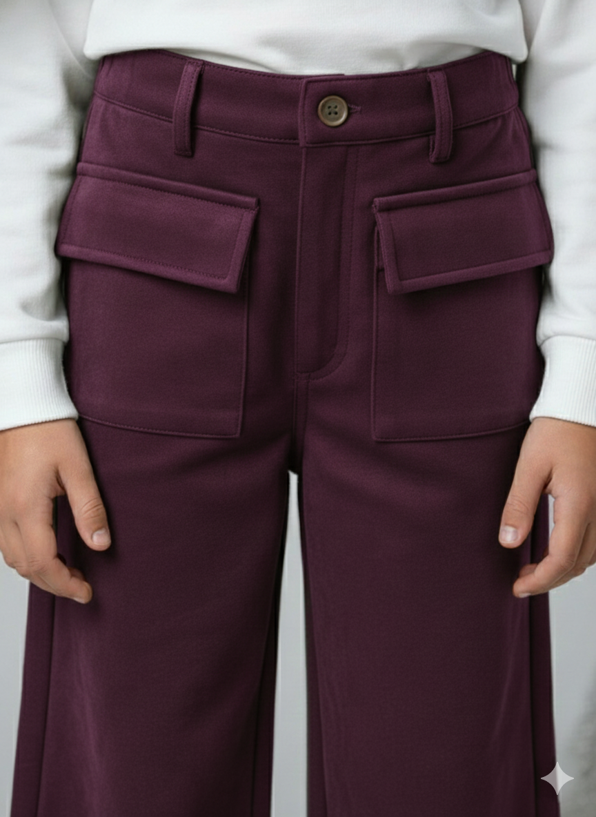 Girls Maroon Suede Solid Wide-Leg Trousers