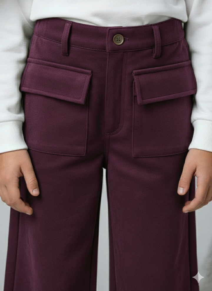 Girls Maroon Suede Solid Wide-Leg Trousers