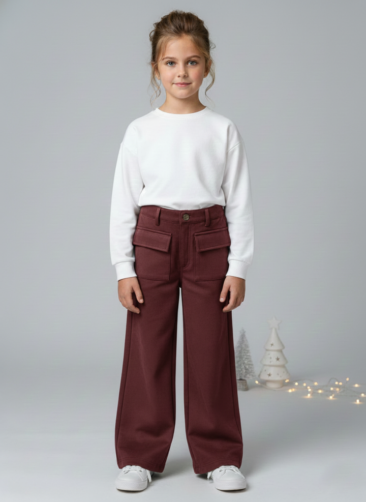 Girls Maroon Suede Solid Wide-Leg Trousers