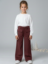 Girls Maroon Suede Solid Wide-Leg Trousers