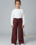 Girls Maroon Suede Solid Wide-Leg Trousers