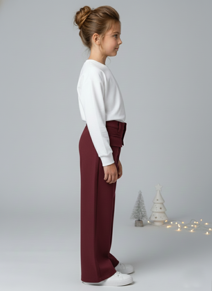 Girls Maroon Suede Solid Wide-Leg Trousers