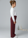 Girls Maroon Suede Solid Wide-Leg Trousers