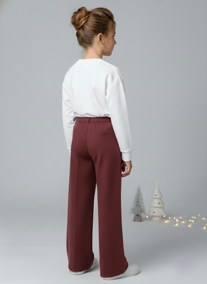Girls Maroon Suede Solid Wide-Leg Trousers