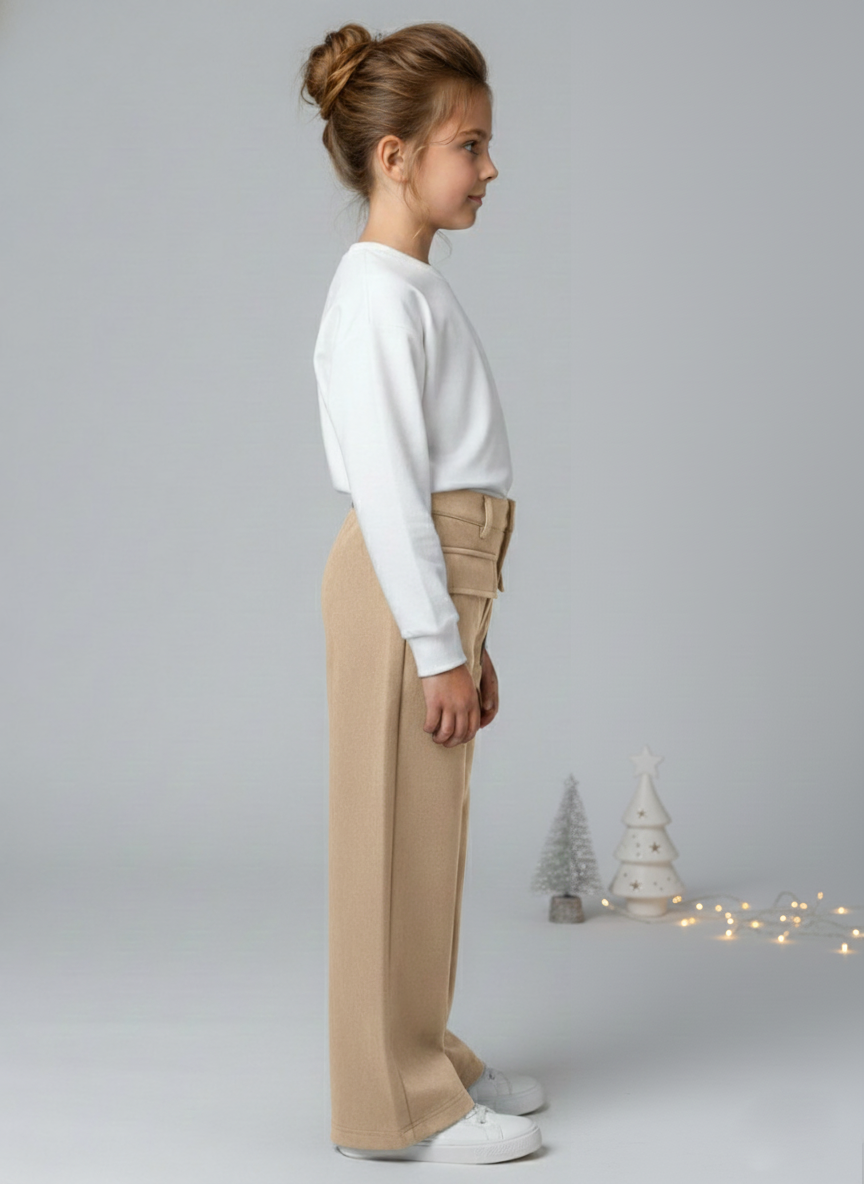 Girls Tan Suede Solid Wide-Leg Trousers