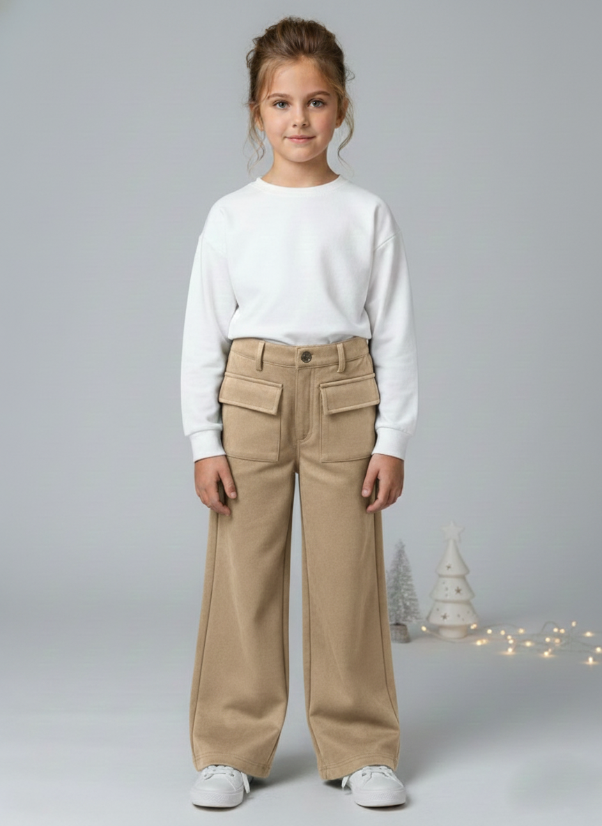 Girls Tan Suede Solid Wide-Leg Trousers