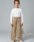 Girls Tan Suede Solid Wide-Leg Trousers