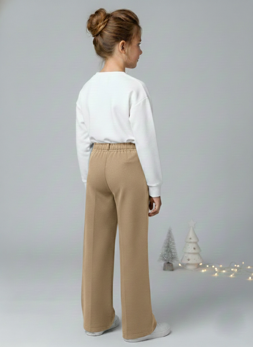 Girls Tan Suede Solid Wide-Leg Trousers