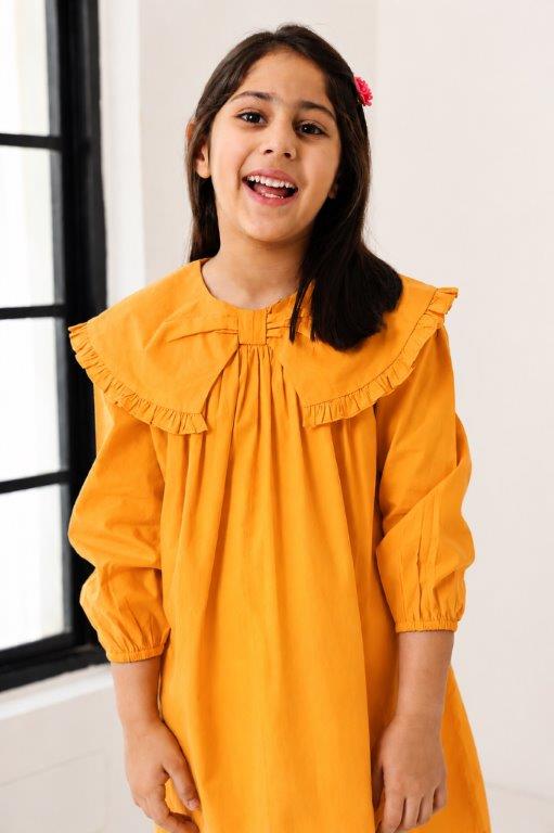 Girls Mustard  Frill Collar Kids Dress