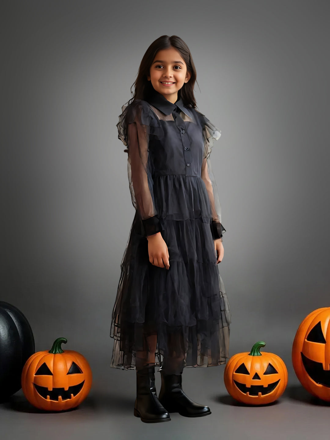 Girls Black Mesh Voile Layered Wednesday Dress