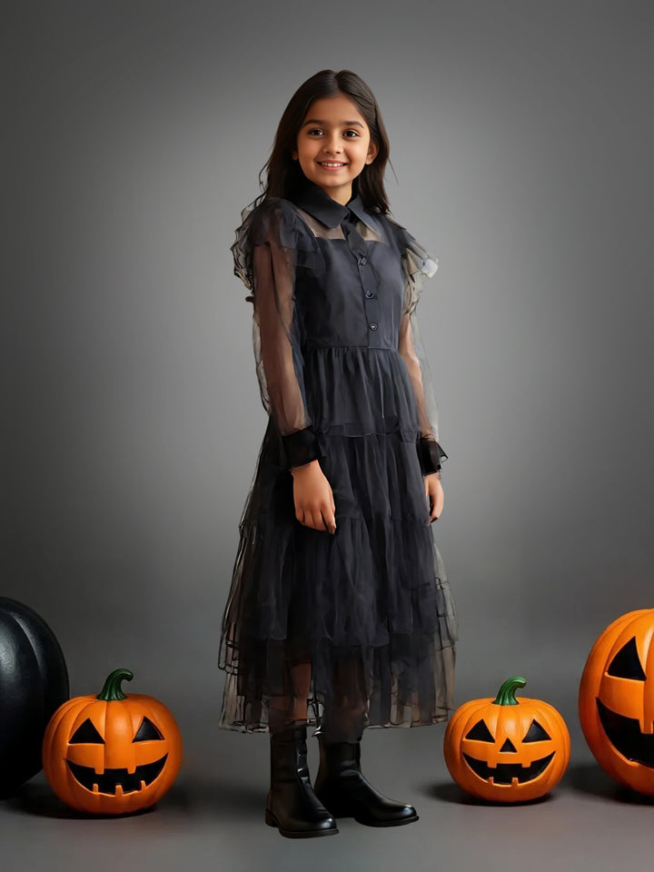 Girls Black Mesh Voile Layered Wednesday Dress