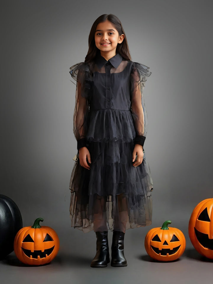 Girls Black Mesh Voile Layered Wednesday Dress