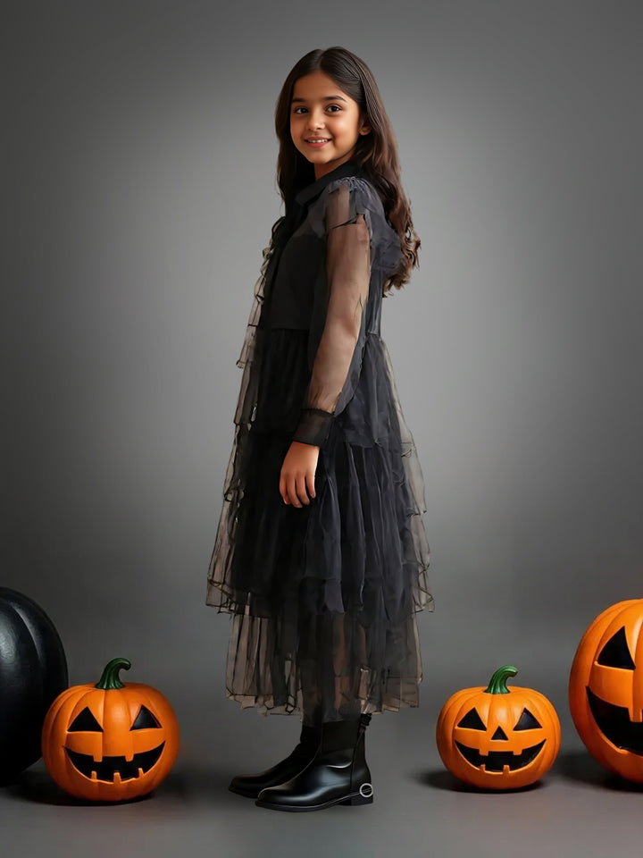 Girls Black Mesh Voile Layered Wednesday Dress