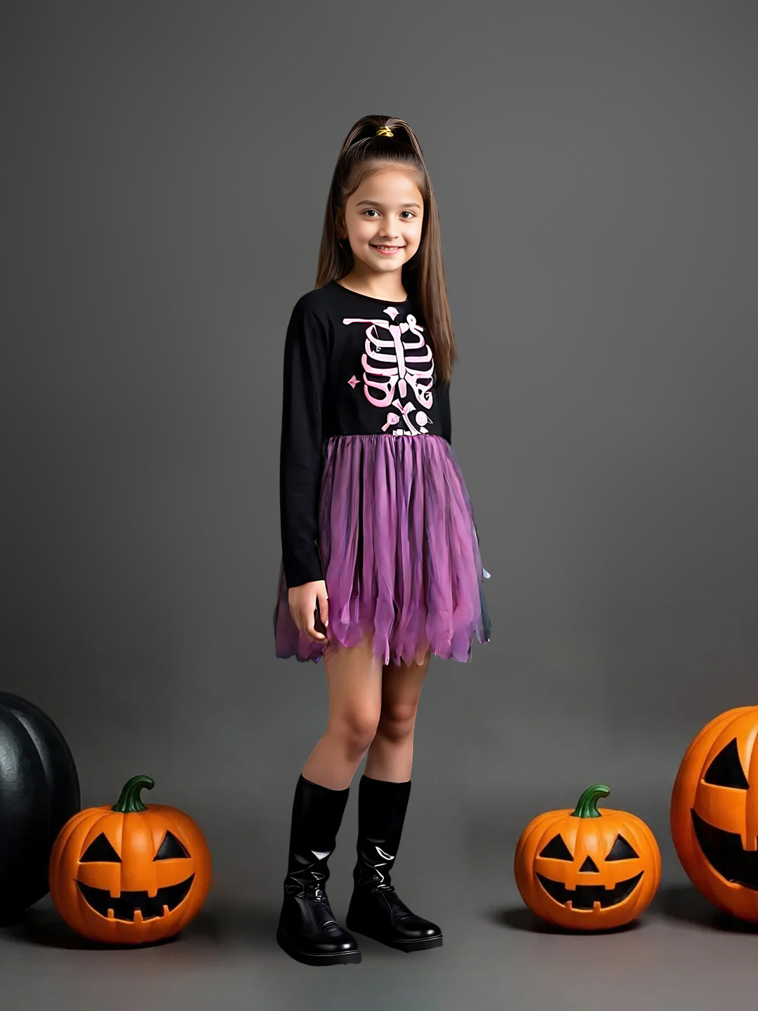 Girls Black & Purple Ombre Skeleton Print Dress