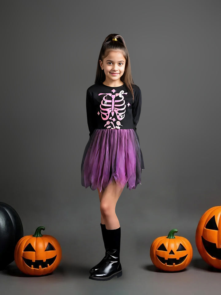 Girls Black & Purple Ombre Skeleton Print Dress