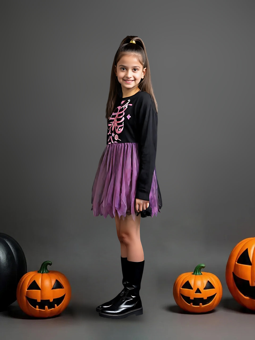 Girls Black & Purple Ombre Skeleton Print Dress