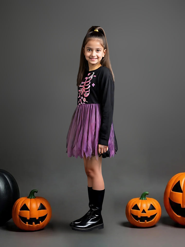 Girls Black & Purple Ombre Skeleton Print Dress