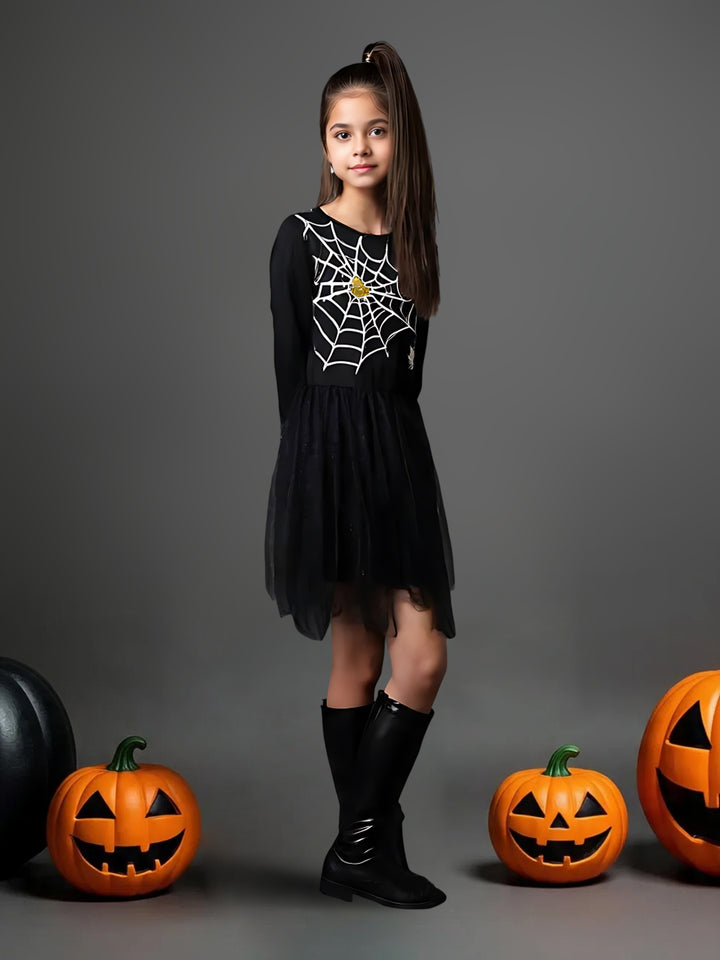 Girls Black Glitter Mesh Spider Web Dress