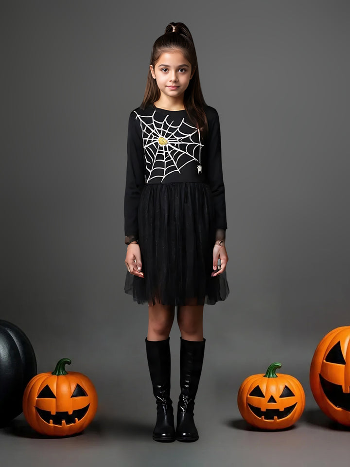 Girls Black Glitter Mesh Spider Web Dress