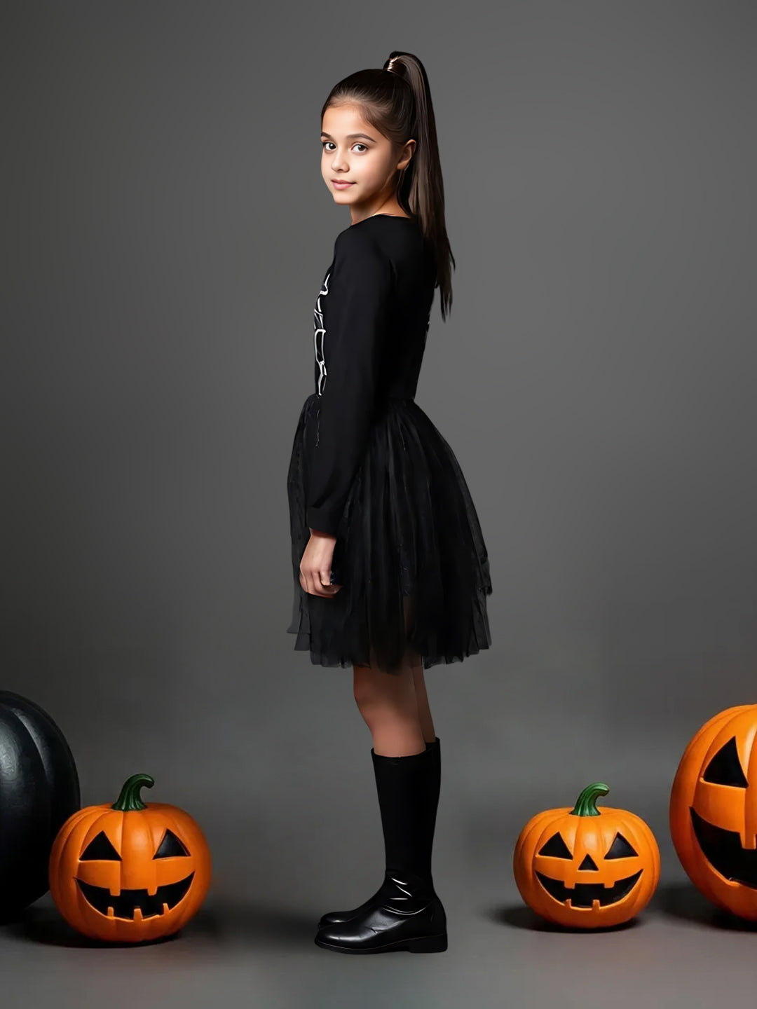 Girls Black Glitter Mesh Spider Web Dress