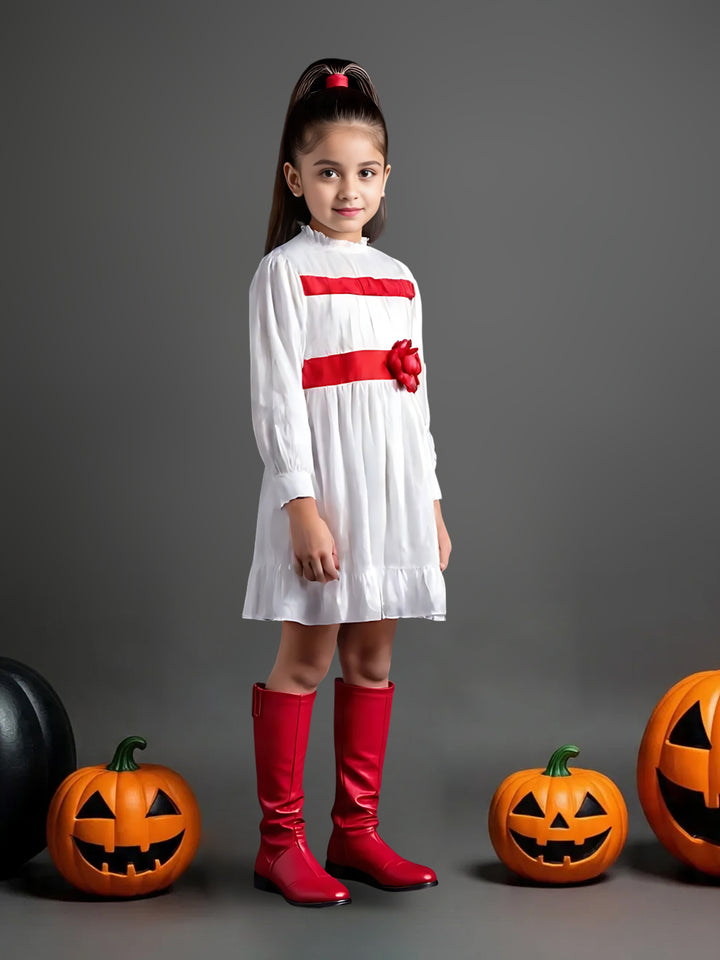 Girls White Satin Annabelle Dress with Red Floral Bow