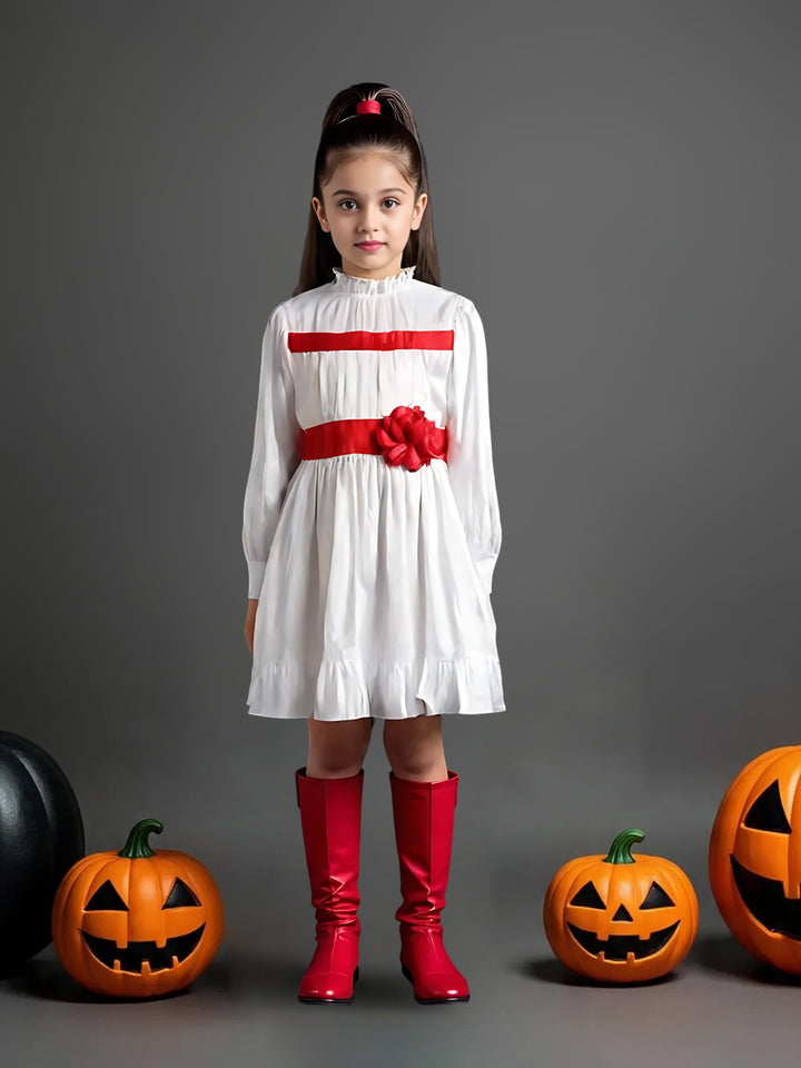Girls White Satin Annabelle Dress with Red Floral Bow