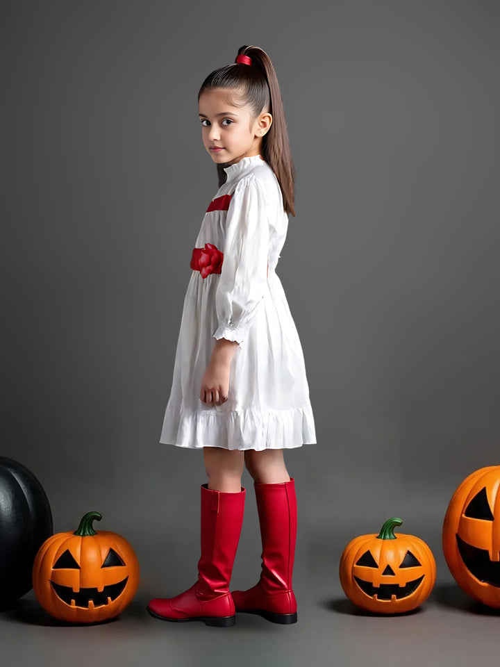 Girls White Satin Annabelle Dress with Red Floral Bow
