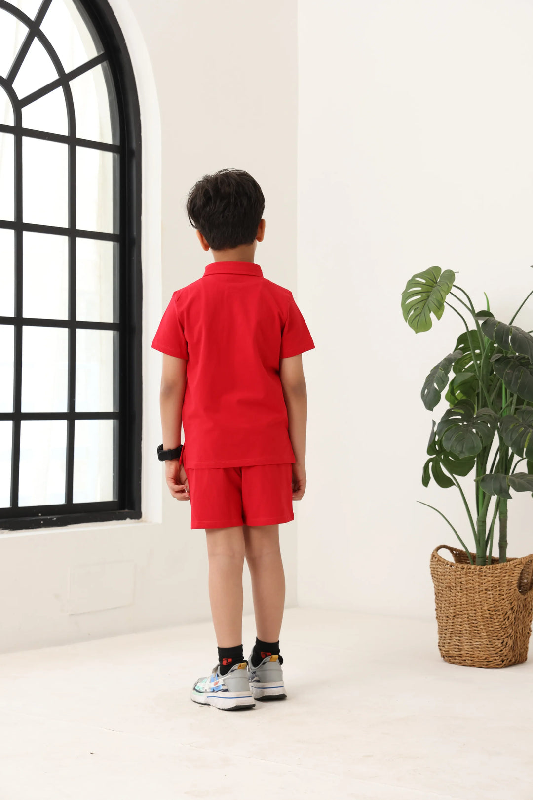Spunkies Boys Red Solid Collared Short Sleeves Polo T-Shirt and Shorts Set