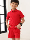 Spunkies Boys Red Solid Collared Short Sleeves Polo T-Shirt and Shorts Set