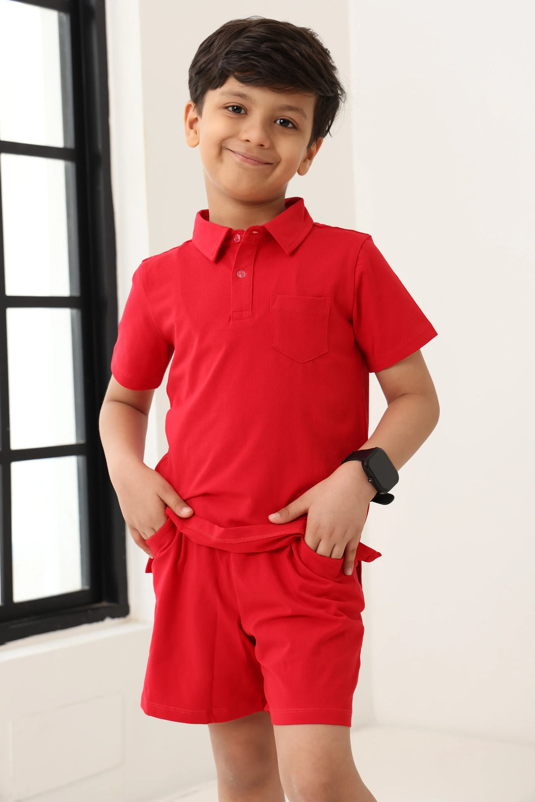 Spunkies Boys Red Solid Collared Short Sleeves Polo T-Shirt and Shorts Set