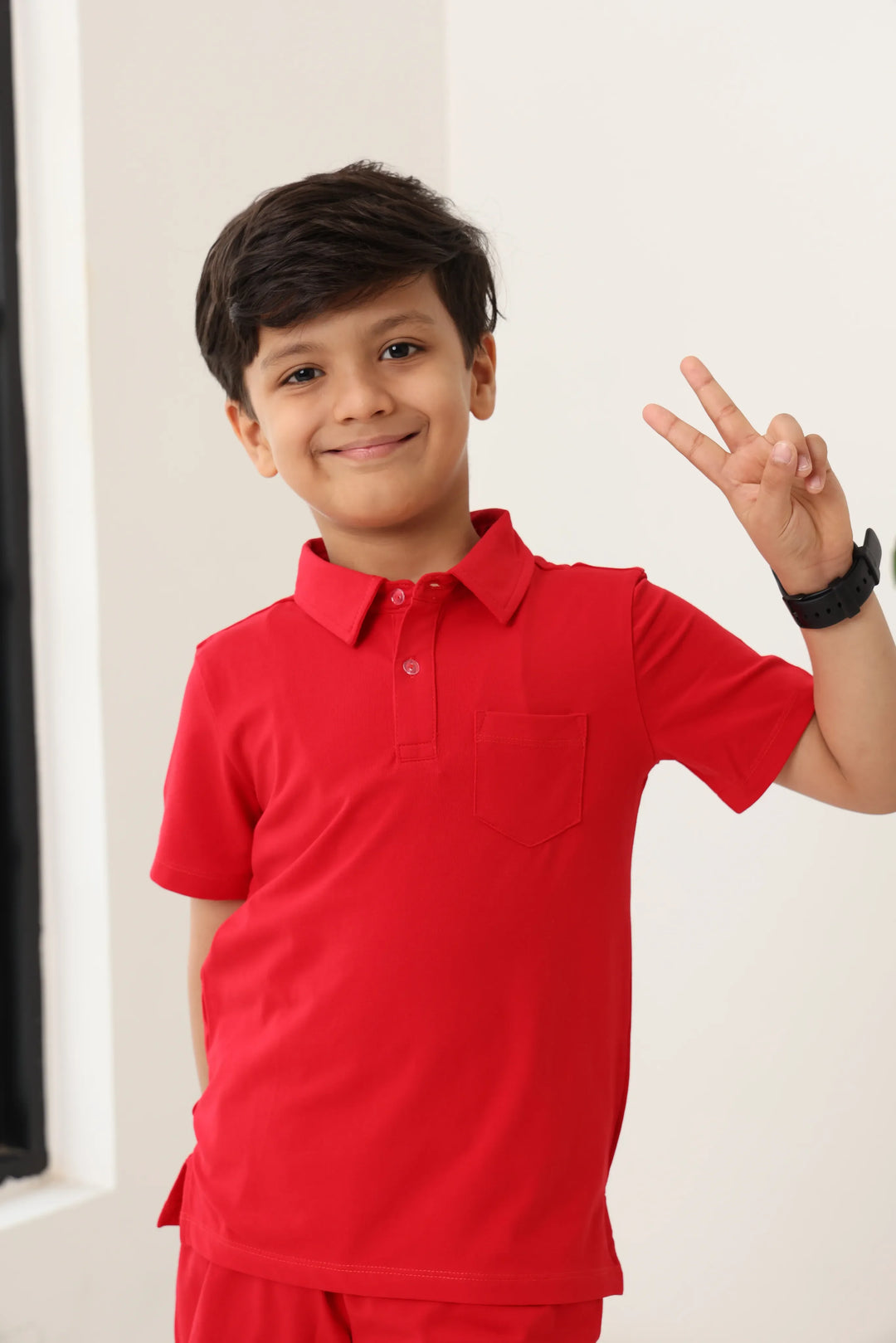 Spunkies Boys Red Solid Collared Short Sleeves Polo T-Shirt and Shorts Set
