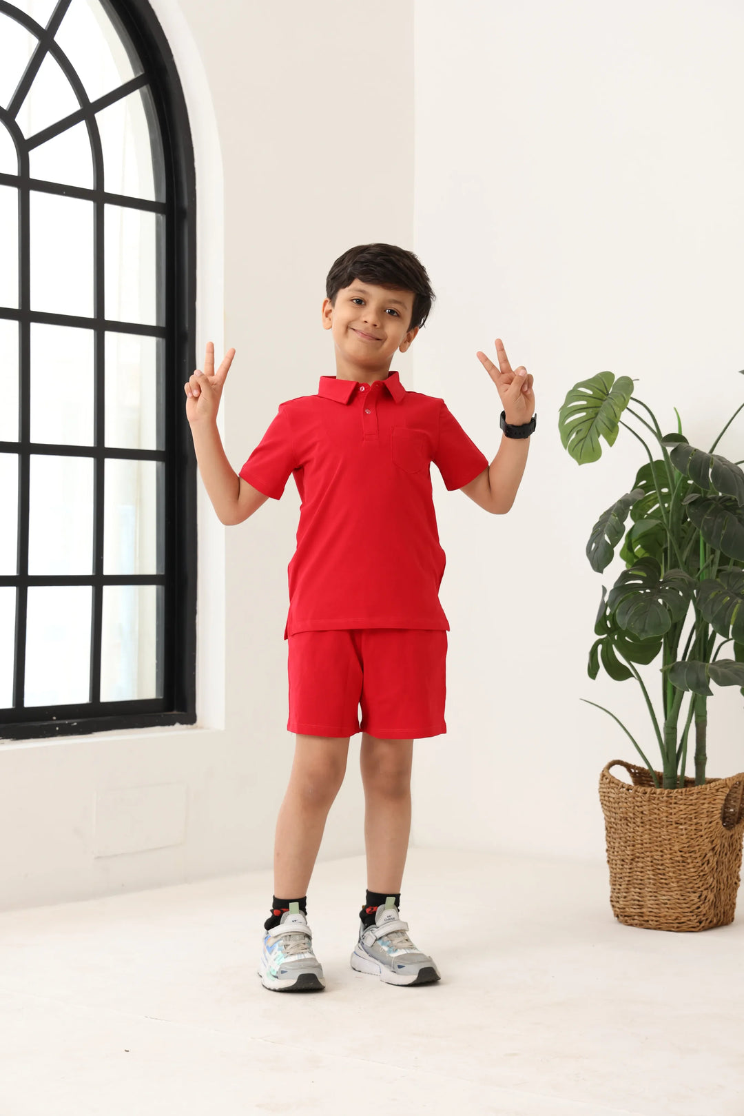 Spunkies Boys Red Solid Collared Short Sleeves Polo T-Shirt and Shorts Set