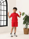 Spunkies Boys Red Solid Collared Short Sleeves Polo T-Shirt and Shorts Set