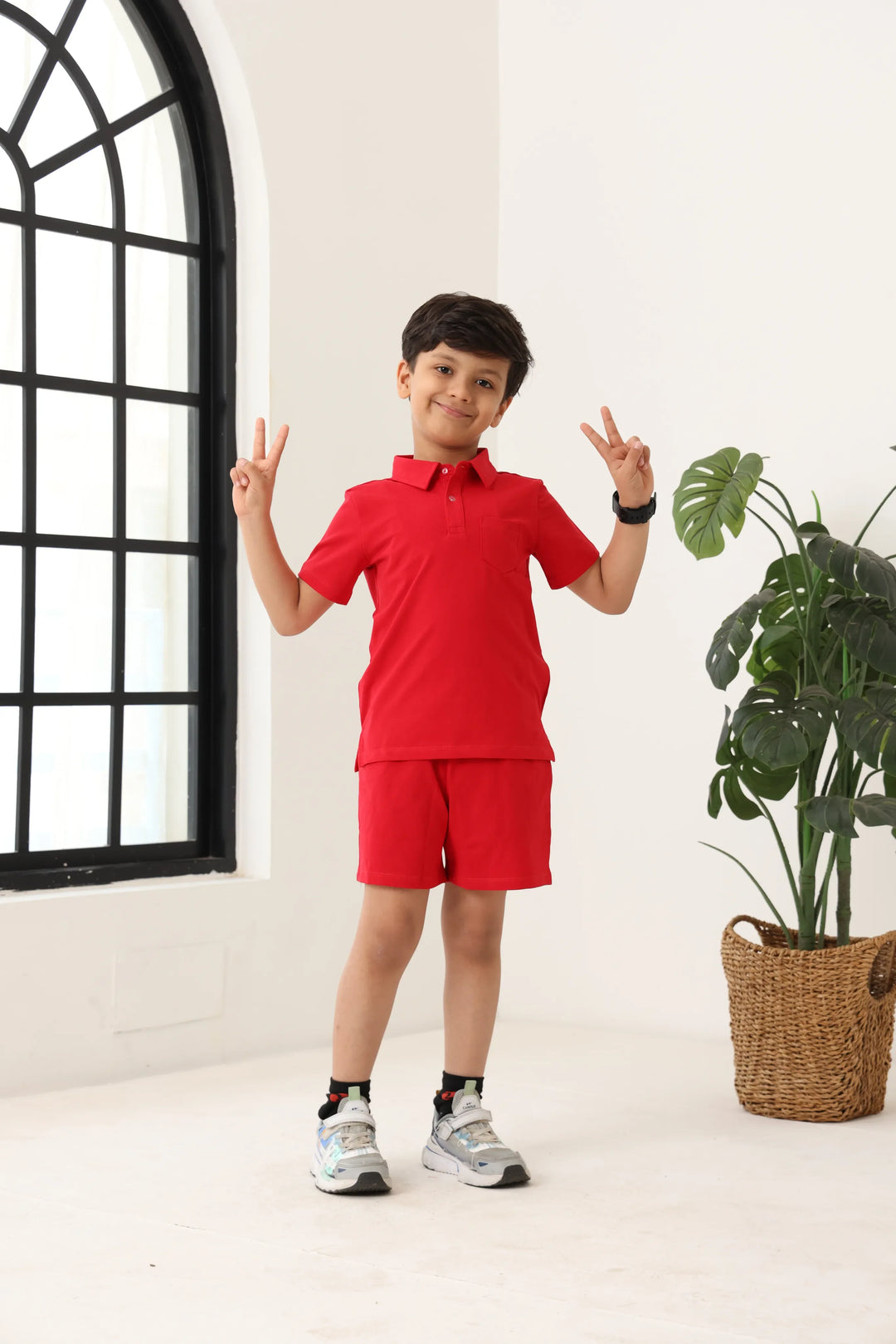 Spunkies Boys Red Solid Collared Short Sleeves Polo T-Shirt and Shorts Set