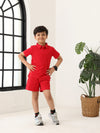 Spunkies Boys Red Solid Collared Short Sleeves Polo T-Shirt and Shorts Set