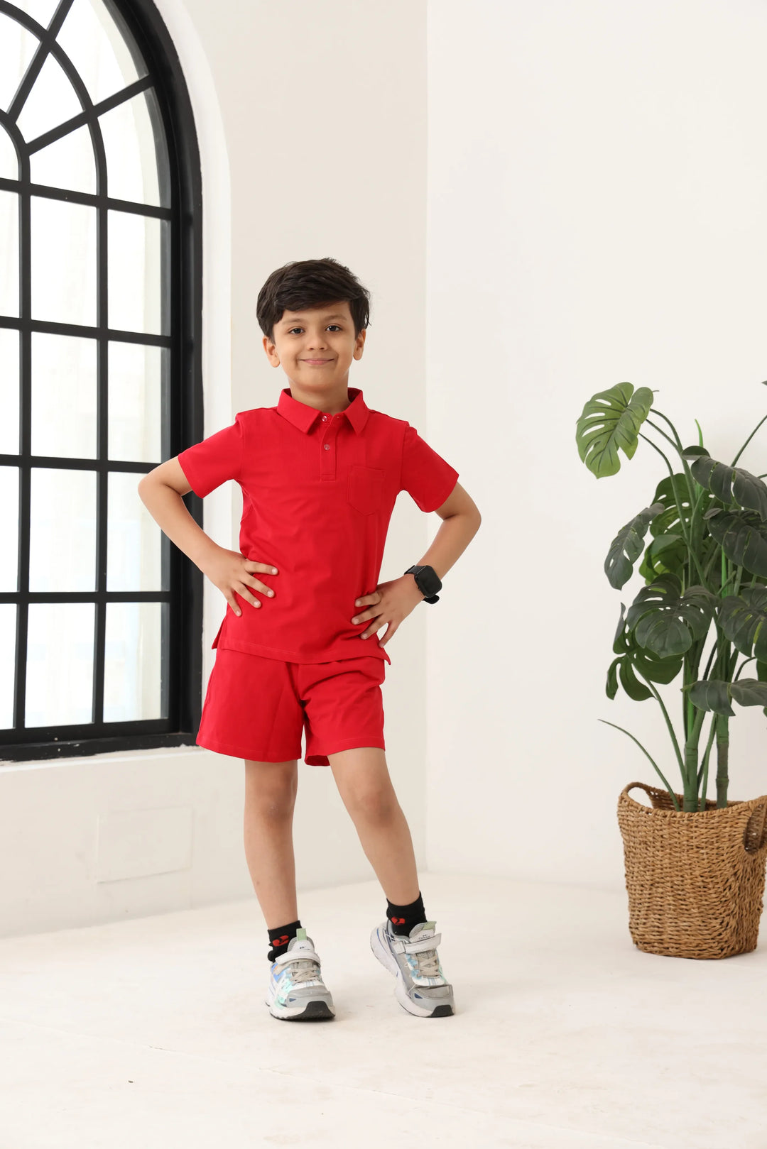 Spunkies Boys Red Solid Collared Short Sleeves Polo T-Shirt and Shorts Set