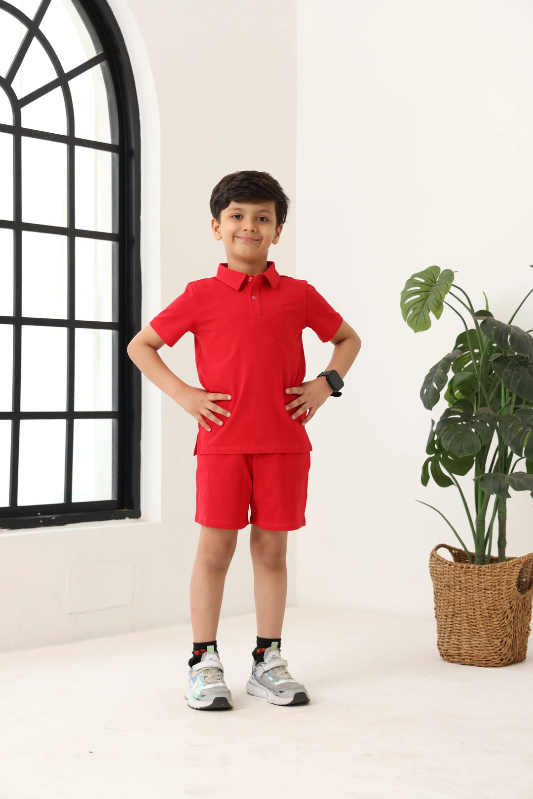 Spunkies Boys Red Solid Collared Short Sleeves Polo T-Shirt and Shorts Set