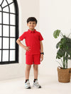 Spunkies Boys Red Solid Collared Short Sleeves Polo T-Shirt and Shorts Set