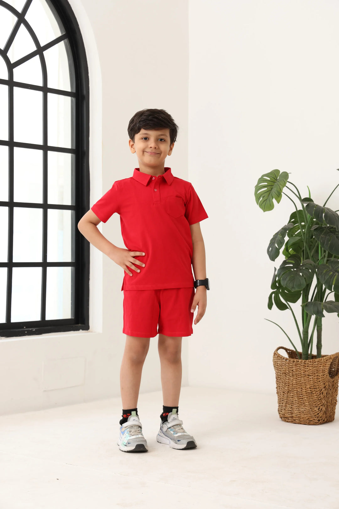 Spunkies Boys Red Solid Collared Short Sleeves Polo T-Shirt and Shorts Set